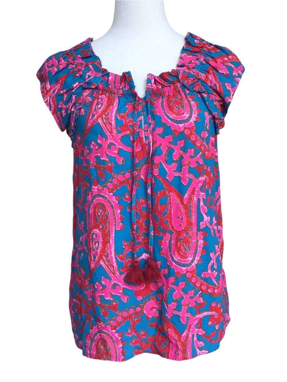 Figue Neiman Marcus Tassle Tie Ruffle Trim Top